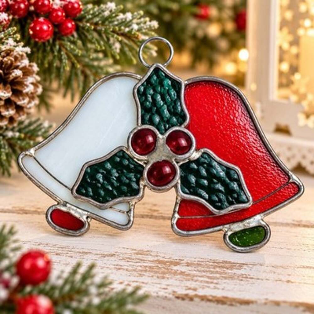 Vintage Stained Glass Christmas Double Bells Holly Berries Suncatcher Ornament